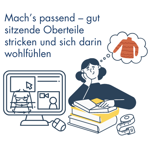 Grafik mit einem Monitor mit einem symbolischen Online-Kurs zum Thema Passform und eine Frau, die von einem Pullover träumt und sich auf einen Stafel Hefte mit abstützt. Neben ihr liegt ein ausgezogenes Maßband. Darüber steht "Mach's passend – gut sitzende Oberteile stricken und sich darin wohlfühlen.